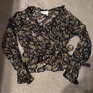 Cleobella Black Brown Floral Wrap Blouse Long Sleeve Ruffle Peplum Top Shirt Bow